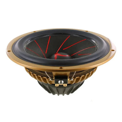 A close-up of a Scanspeak Automotive Gold 16W/4538G05 6.5 subwoofer with a black cone and red accents, shot against a white background.