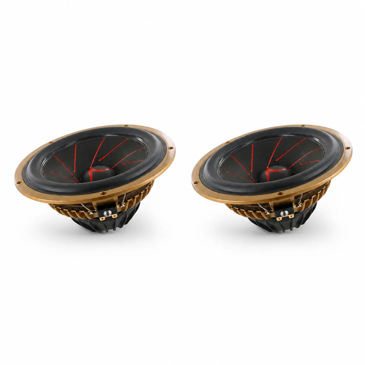 Due midwoofer Scanspeak Automotive Gold 16W/4538G05 da 6,5 con accenti rossi sono affiancati su uno sfondo bianco.