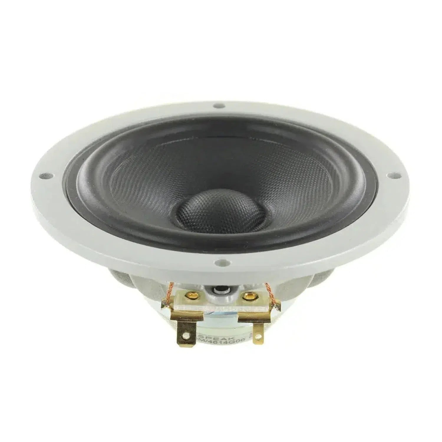 Un primo piano dello Scanspeak Automotive Silver 10M/4614G06 4 Zoll Mitteltöner con telaio grigio, magneti Neodym e terminali di connessione posteriori esposti.