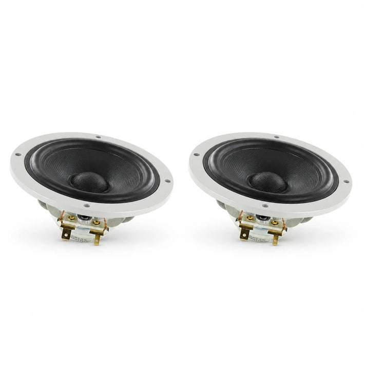 Dos altavoces redondos negros Scanspeak Automotive Silver 10M/4614G06 con bordes blancos e imanes Neodym están uno al lado del otro sobre un fondo blanco.