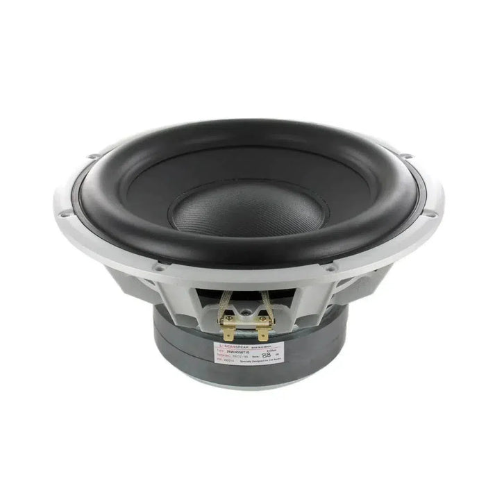 The Scanspeak Automotive Silver 26W/4558T06 subwoofer with aluminum cone and metal frame is shown angled against a white background.