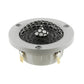 De Scanspeak Automotive Silver R3004/602006 tweeter heeft een zeshoekig rooster, een grijs rond frame, een neodymium magneet en twee metalen aansluitingen aan de basis.