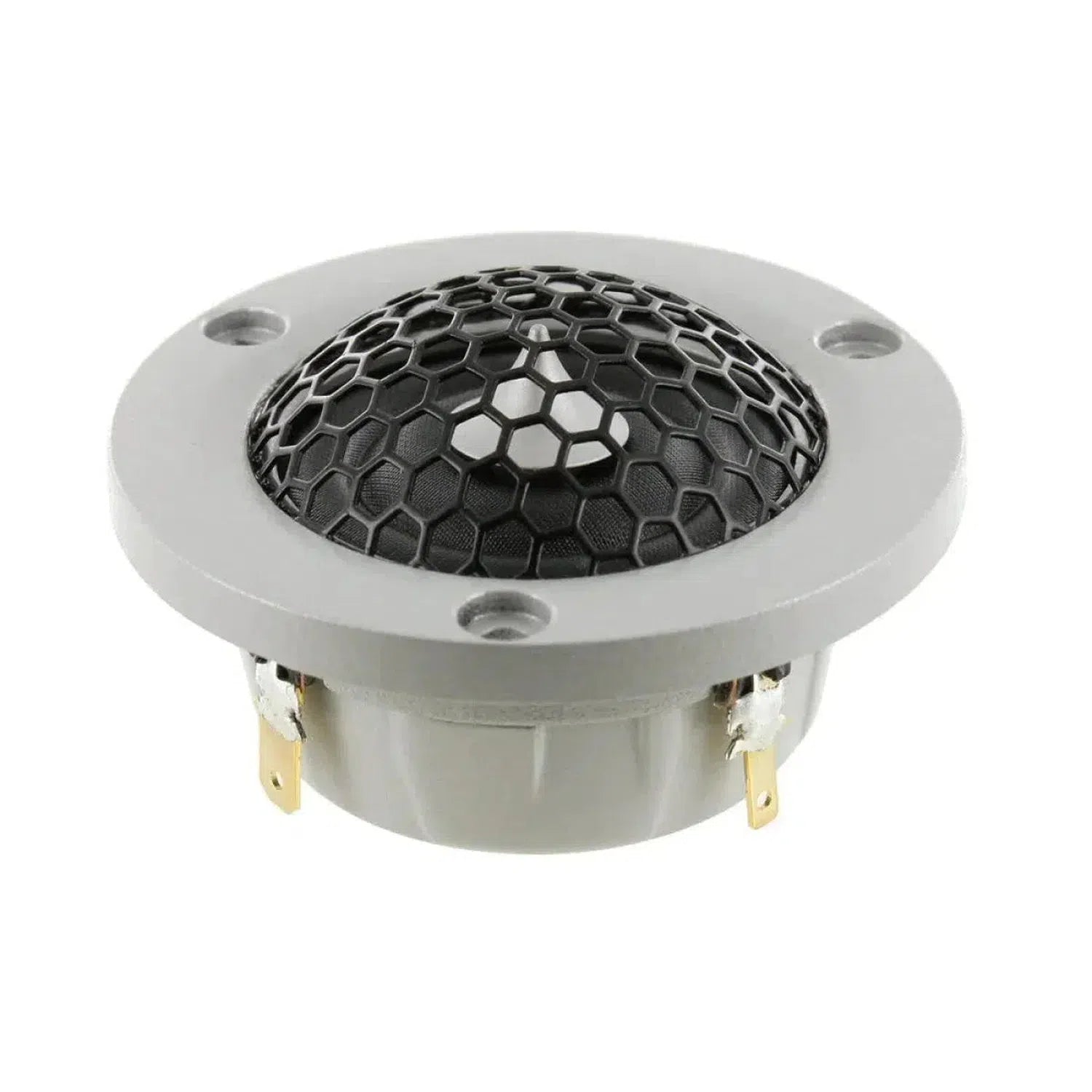 De Scanspeak Automotive Silver R3004/602006 tweeter heeft een zeshoekig rooster, een grijs rond frame, een neodymium magneet en twee metalen aansluitingen aan de basis.