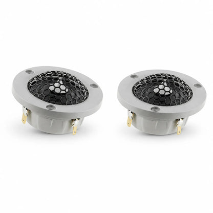 Twee ronde, grijze Scanspeak Automotive Silver R3004/602006 tweeters met zwarte gaasroosters en Neodym Magnetsysteem worden naast elkaar getoond op een witte achtergrond.