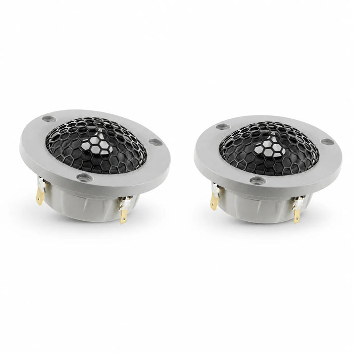 Twee ronde, grijze Scanspeak Automotive Silver R3004/602006 tweeters met zwarte gaasroosters en Neodym Magnetsysteem worden naast elkaar getoond op een witte achtergrond.
