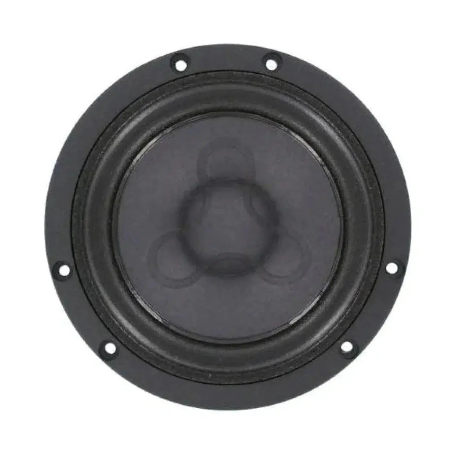 The Scanspeak Illuminator 12MU/4731T00 is a black, round speaker driver with a 4 cone, black rim, and six evenly spaced screw holes.