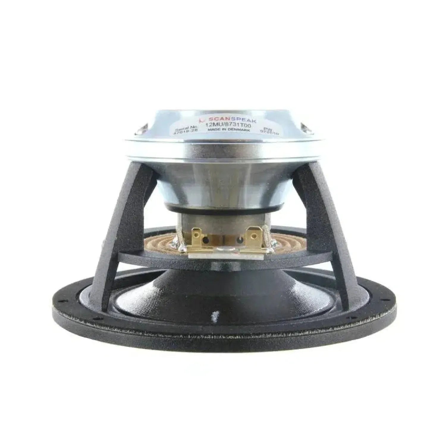 Side view of a Scanspeak Illuminator 12MU/4731T00 black and silver 4 midrange driver with exposed frame, magnet, and terminals on a white background.
