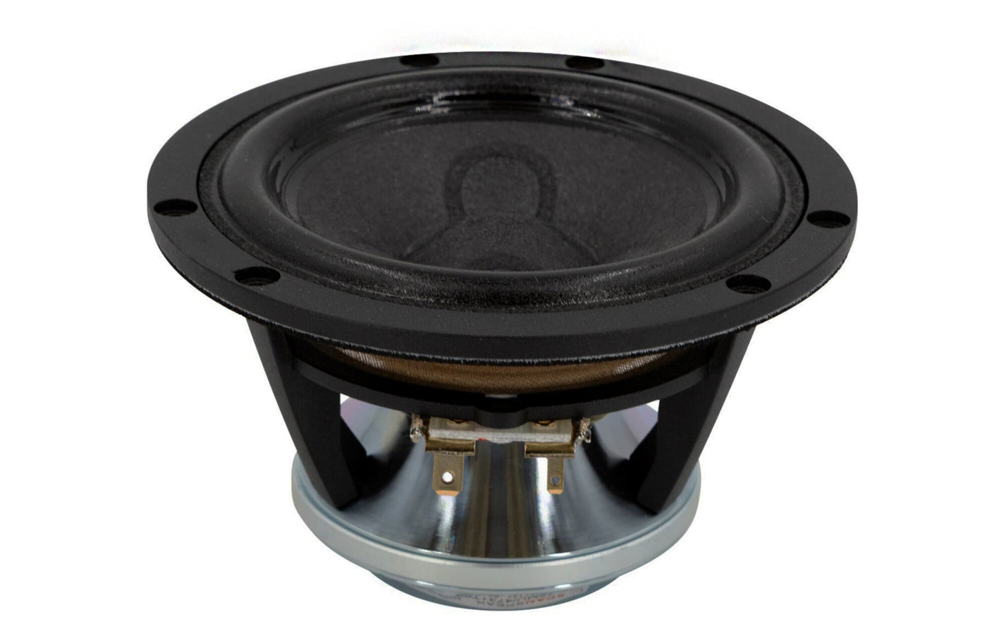 A close-up of a Scanspeak Illuminator 12MU/4731T00 4-inch midrange driver with metal frame and connectors, isolated on white.