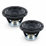 Two black round audio speakers with metal bases, each featuring a Scanspeak Illuminator 12MU/4731T00, placed side by side on a white background.