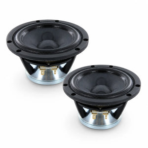 Two black round audio speakers with metal bases, each featuring a Scanspeak Illuminator 12MU/4731T00, placed side by side on a white background.