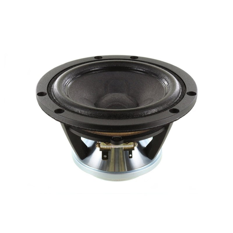 A Scanspeak Illuminator 12MU/8731T00 subwoofer with black and silver circular cone, exposed frame, and mounting holes, shown on a white background.