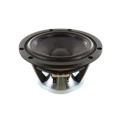 A Scanspeak Illuminator 12MU/8731T00 subwoofer with black and silver circular cone, exposed frame, and mounting holes, shown on a white background.