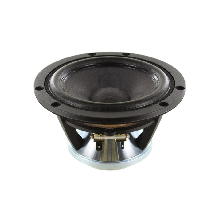 A Scanspeak Illuminator 12MU/8731T00 subwoofer with black and silver circular cone, exposed frame, and mounting holes, shown on a white background.