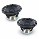 Two Scanspeak Illuminator 12MU/8731T00 black and silver audio speakers with 4 Mitteltöner sit on a white surface, angled slightly apart.
