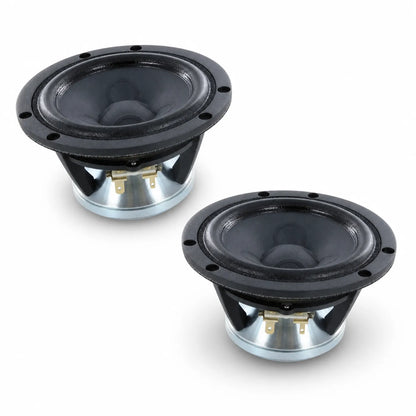 Two Scanspeak Illuminator 12MU/8731T00 black and silver audio speakers with 4 Mitteltöner sit on a white surface, angled slightly apart.