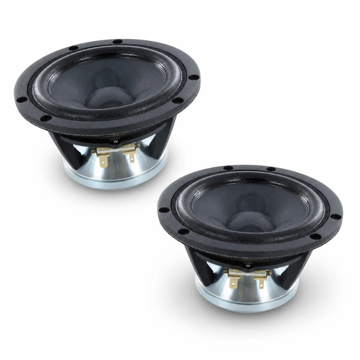 Two Scanspeak Illuminator 12MU/8731T00 black and silver audio speakers with 4 Mitteltöner sit on a white surface, angled slightly apart.