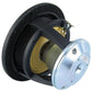 A close-up of the Scanspeak Illuminator 15WU/4741T00 midwoofer shows its sandwich paper cone, metal frame, yellow suspension, magnet, and terminals.