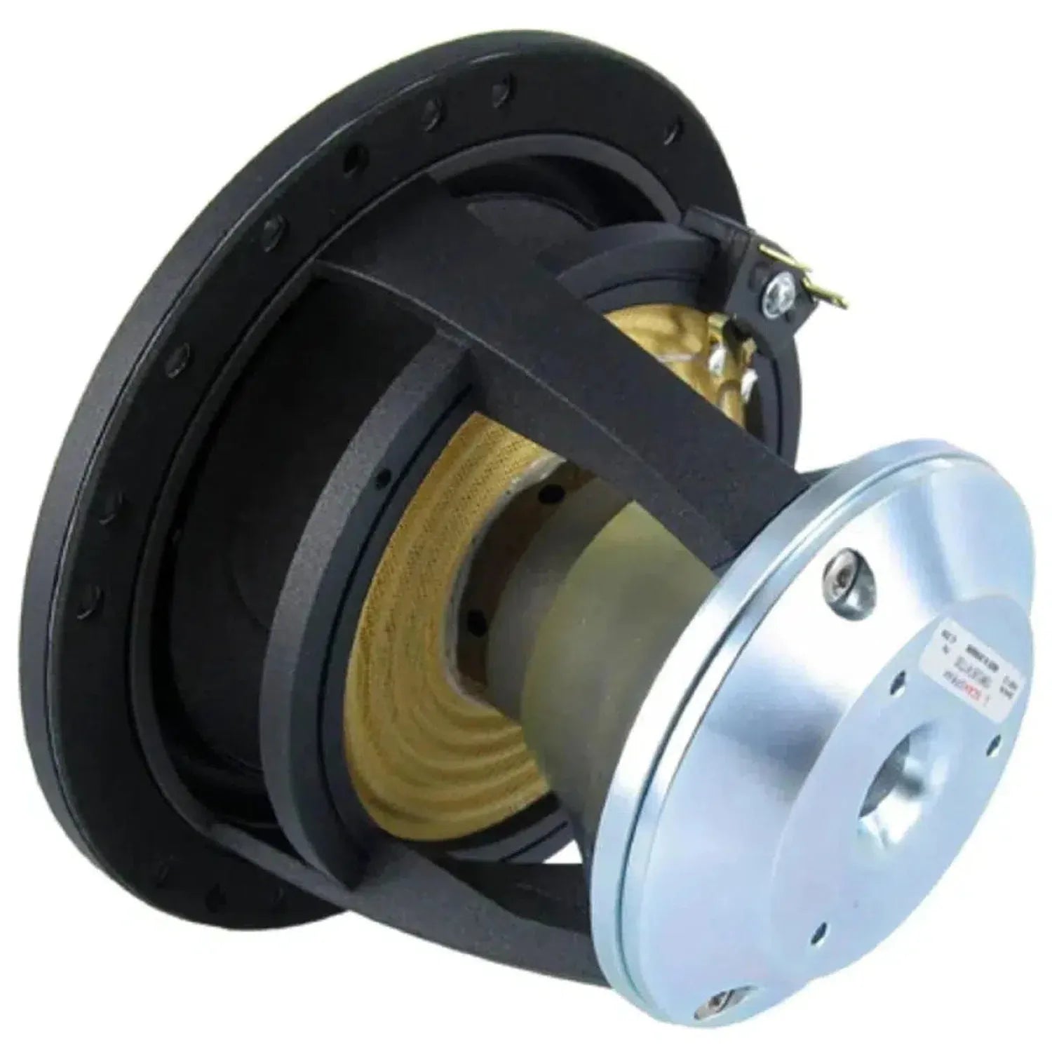 A close-up of the Scanspeak Illuminator 15WU/4741T00 midwoofer shows its sandwich paper cone, metal frame, yellow suspension, magnet, and terminals.