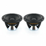 Two Scanspeak Illuminator 15WU/4741T00 black and silver speaker drivers are side by side on a white background.
