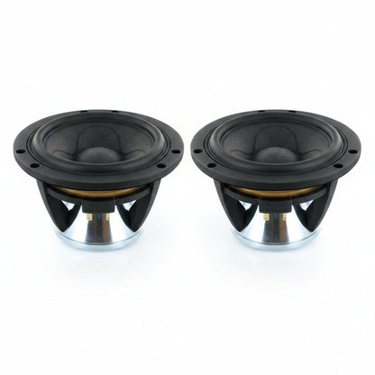 Two Scanspeak Illuminator 15WU/4741T00 black and silver speaker drivers are side by side on a white background.