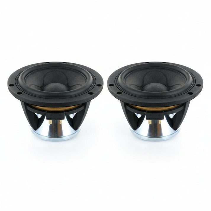 Two Scanspeak Illuminator 15WU/4741T00 black and silver speaker drivers are side by side on a white background.