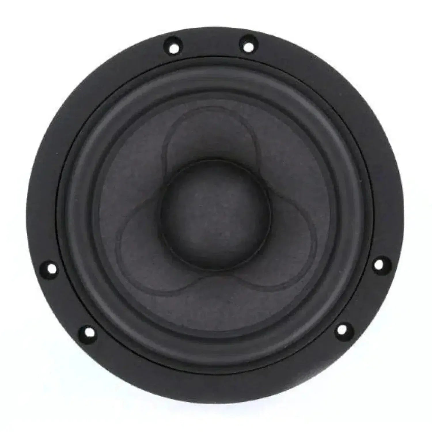 A black, round Scanspeak Illuminator 15WU/8741T00 speaker with a Sandwich-Papier Membran cone and six screw holes, viewed from above on a white background.