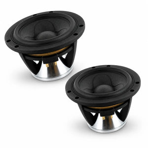 Dos altavoces redondos Scanspeak Illuminator 15WU/8741T00 negros y plateados con Membrana Sandwich-Papier, mostrados en ángulo sobre fondo blanco.