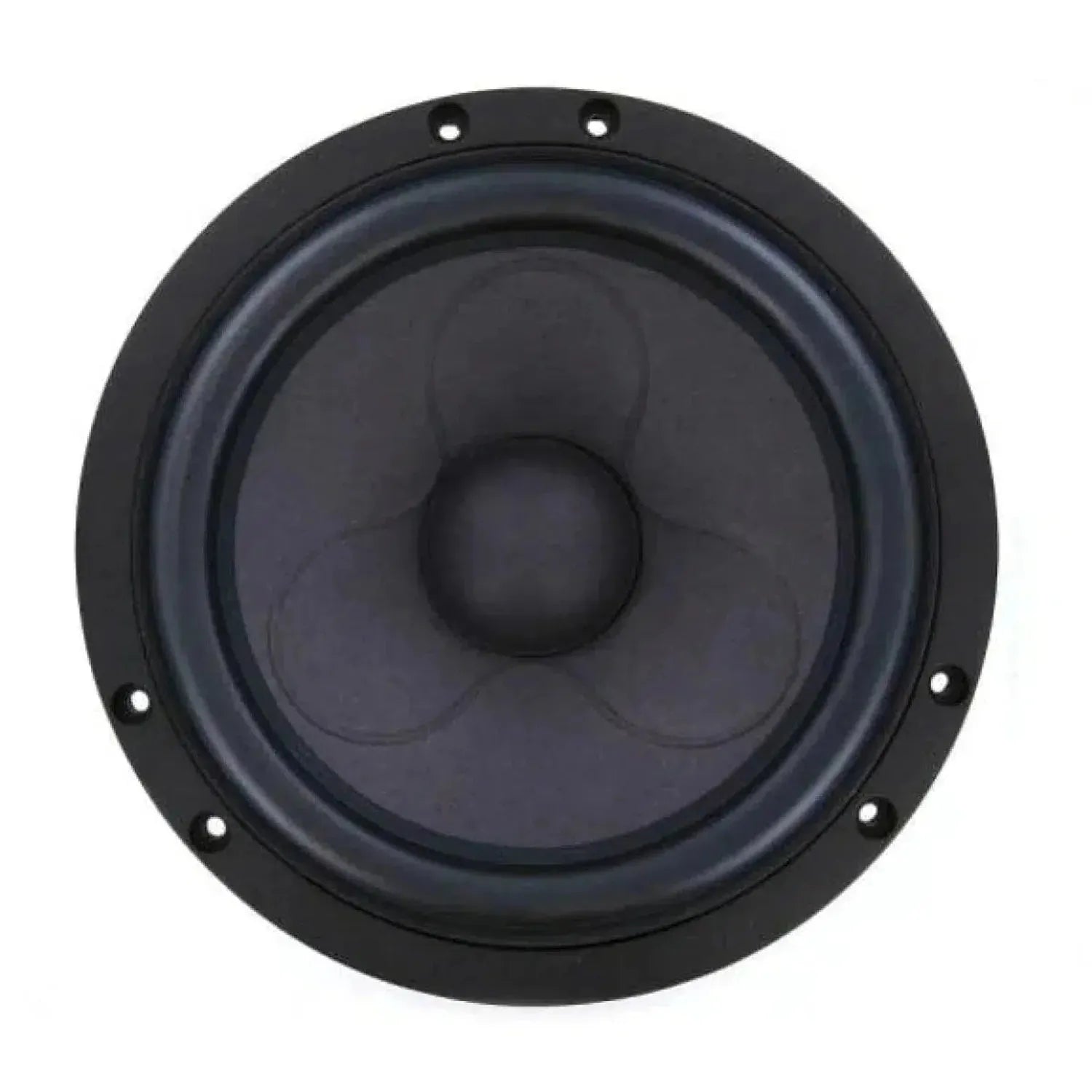 A close-up of a Scanspeak Illuminator 18WU/4741T00 speaker with six screw holes around the edge, shown against a white background.
