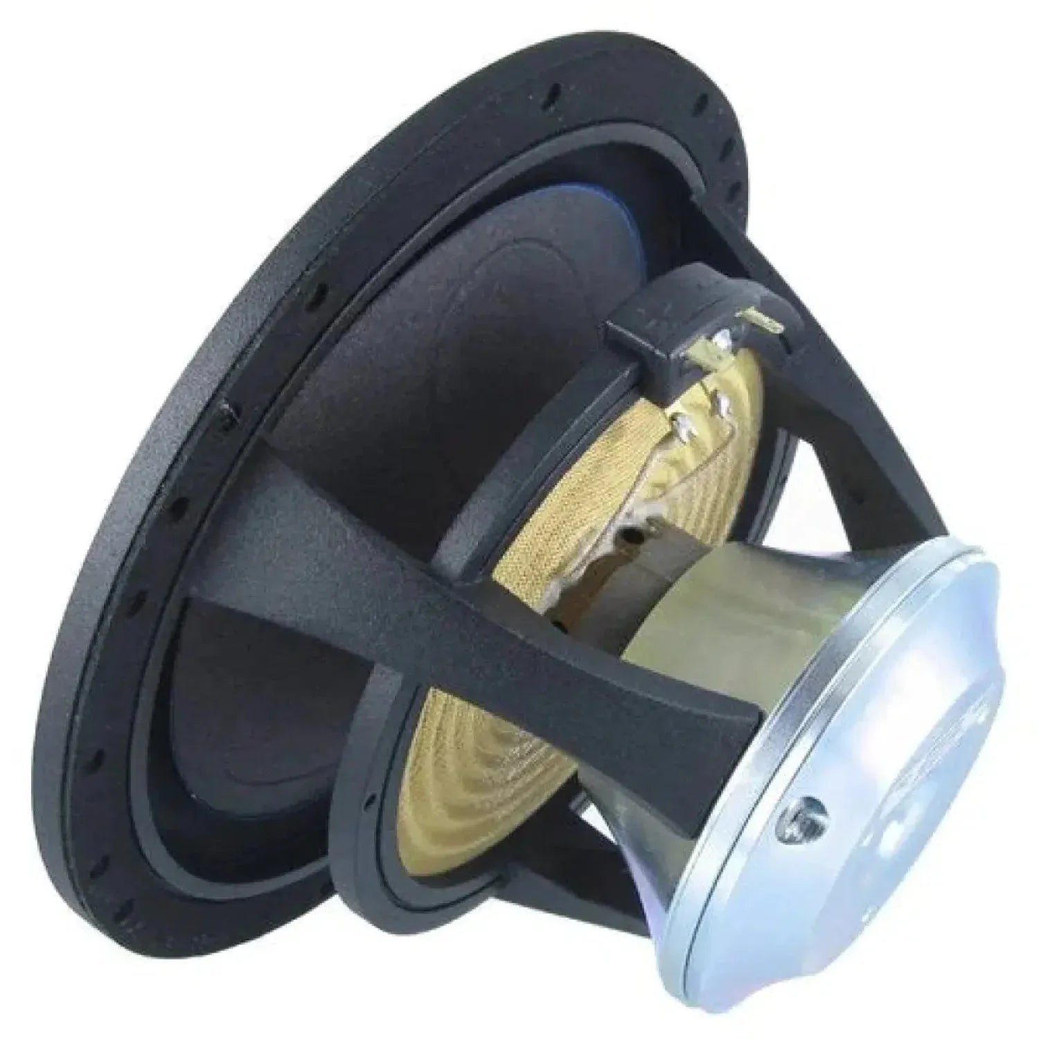 A close-up side view of a Scanspeak Illuminator 18WU/4741T00 speaker driver, showing its cone, basket, and Neodymium magnet against a white background.