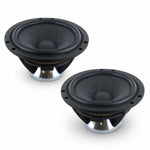Two black Scanspeak Illuminator 18WU/4741T00 speaker drivers with metallic bases are positioned side by side on a white background.