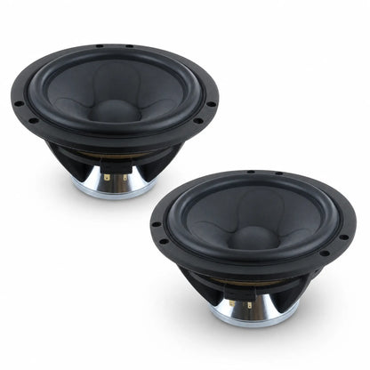 Two black Scanspeak Illuminator 18WU/4741T00 speaker drivers with metallic bases are positioned side by side on a white background.