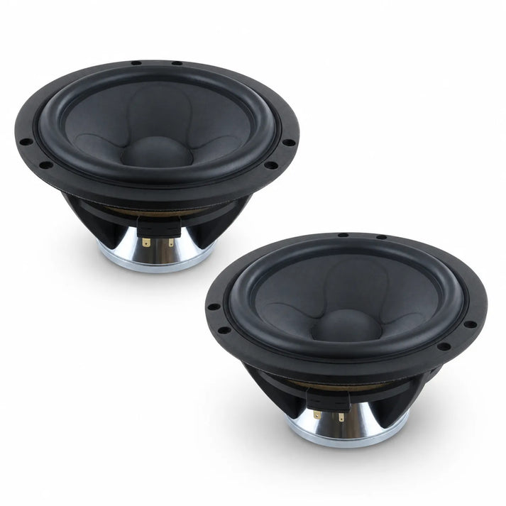 Two black Scanspeak Illuminator 18WU/4741T00 speaker drivers with metallic bases are positioned side by side on a white background.