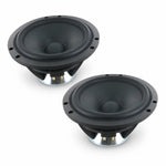 Two black Scanspeak Illuminator 18WU/4747T00 speakers with round cones and metallic bases are placed side by side on a white background.