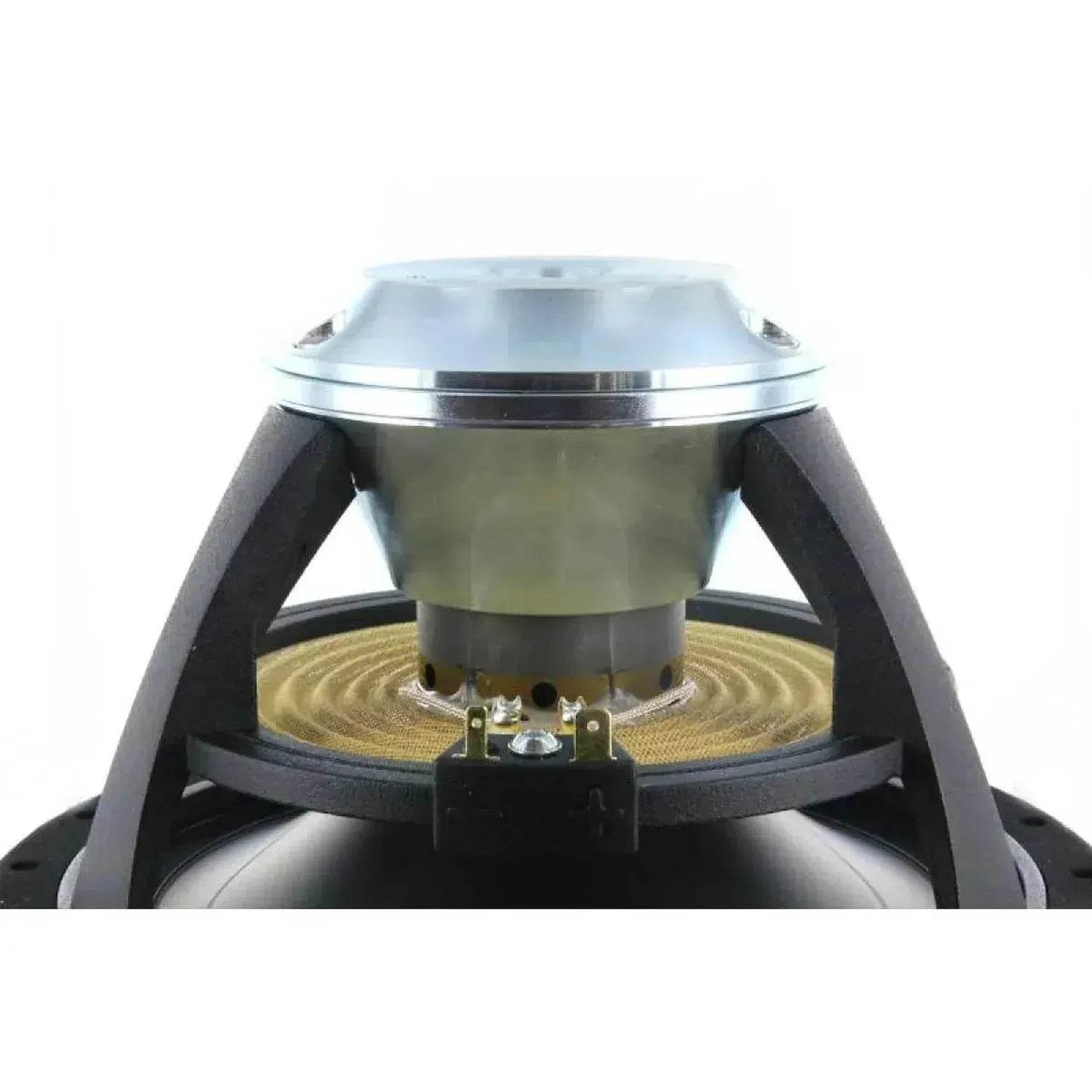 Close-up side view of a Scanspeak Illuminator 18WU/4747T00 midwoofer with metal frame, neodymium motor, and electrical terminals against a white background.