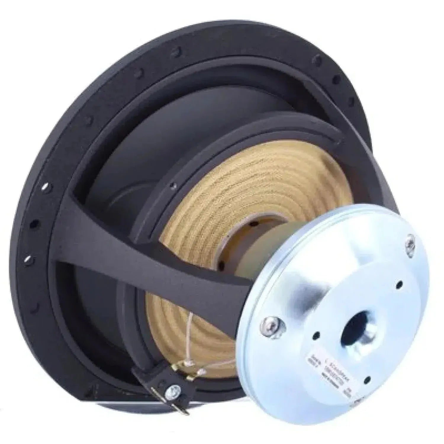 Side view of a Scanspeak Illuminator 18WU/4747T00 with metal frame, visible cone suspension, and silver neodymium magnet assembly on the back.