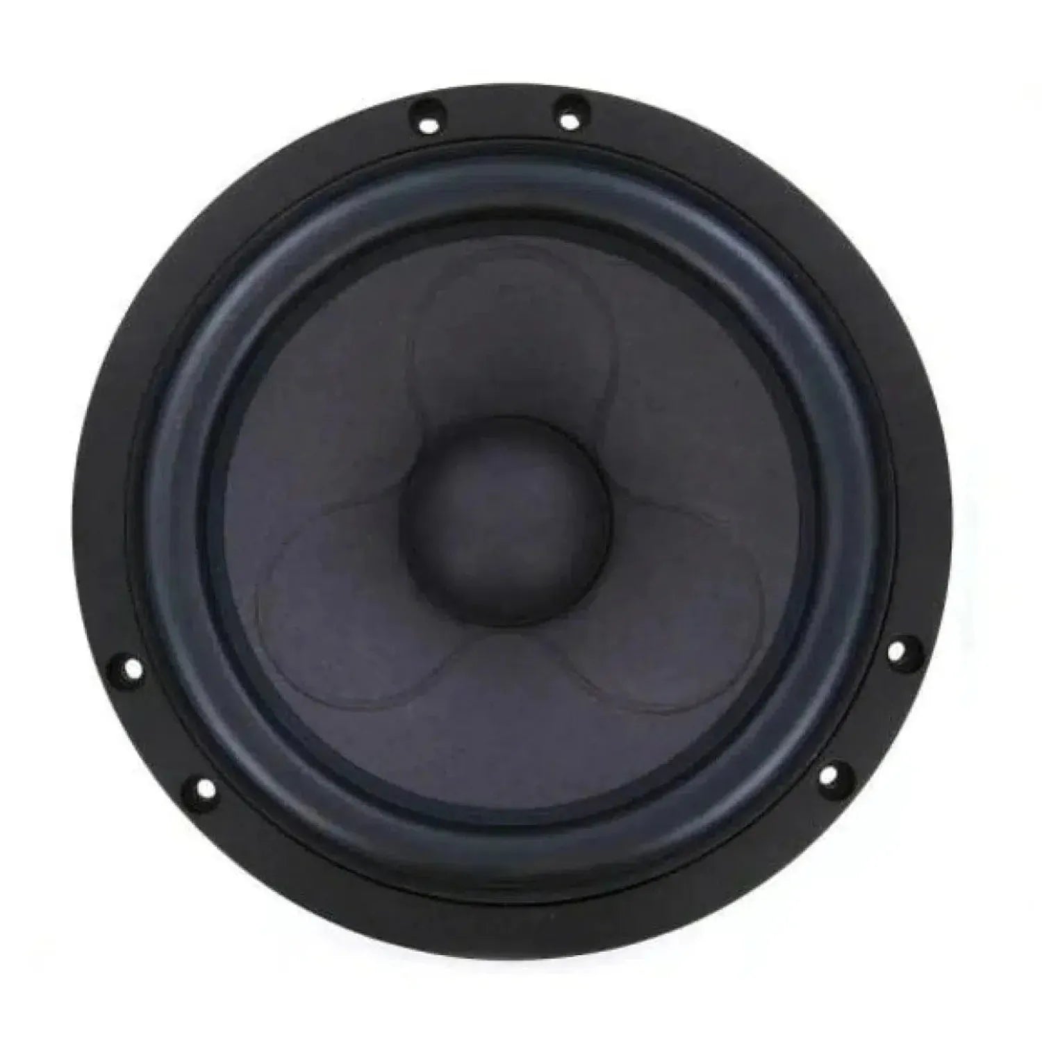 A top view of the Scanspeak Illuminator 18WU/8741T00 woofer, showing its central dome and mounting holes on a white background.