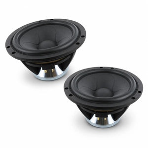 Dos altavoces Scanspeak Illuminator 18WU/8741T00 negros y plateados con Tiefmitteltöner descansan sobre una superficie blanca, inclinada para mostrar sus conos redondos y sus bordes de montaje.