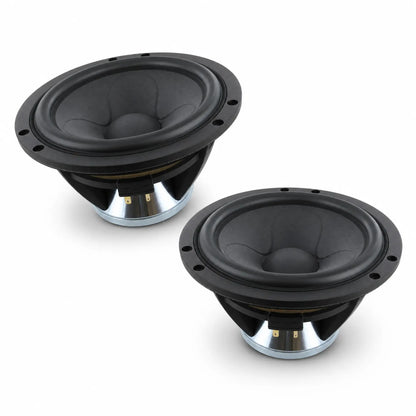 Two black and silver Scanspeak Illuminator 18WU/8741T00 speakers with Tiefmitteltöner rest on a white surface, angled to show their round cones and mounting rims.