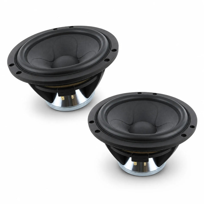 Two black and silver Scanspeak Illuminator 18WU/8741T00 speakers with Tiefmitteltöner rest on a white surface, angled to show their round cones and mounting rims.