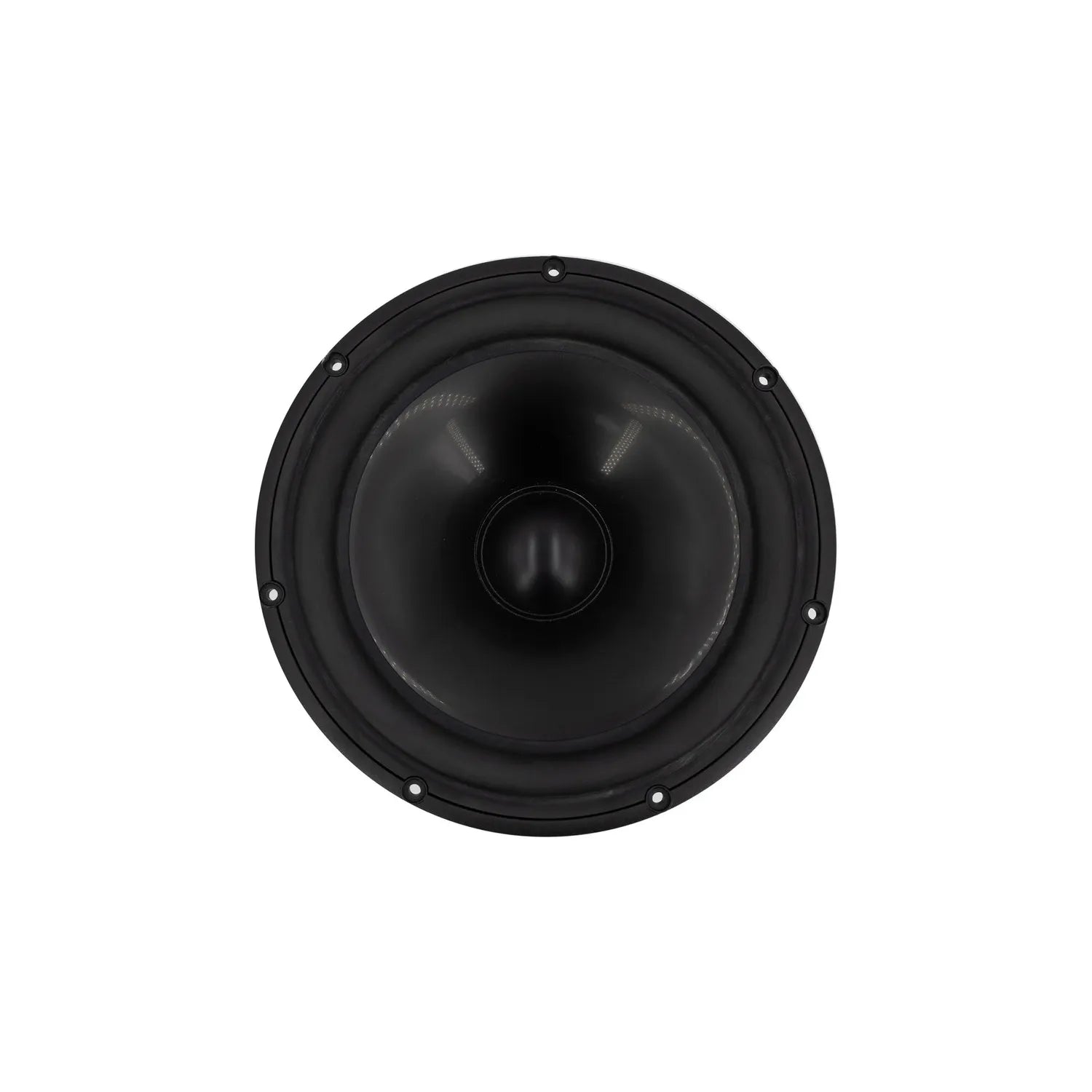 Een close-up van de Scanspeak Revelator 26W/4867T00 10-inch aluminium subwooferconus met bevestigingsgaten, ideaal voor high-end audio, afgebeeld tegen een witte achtergrond.