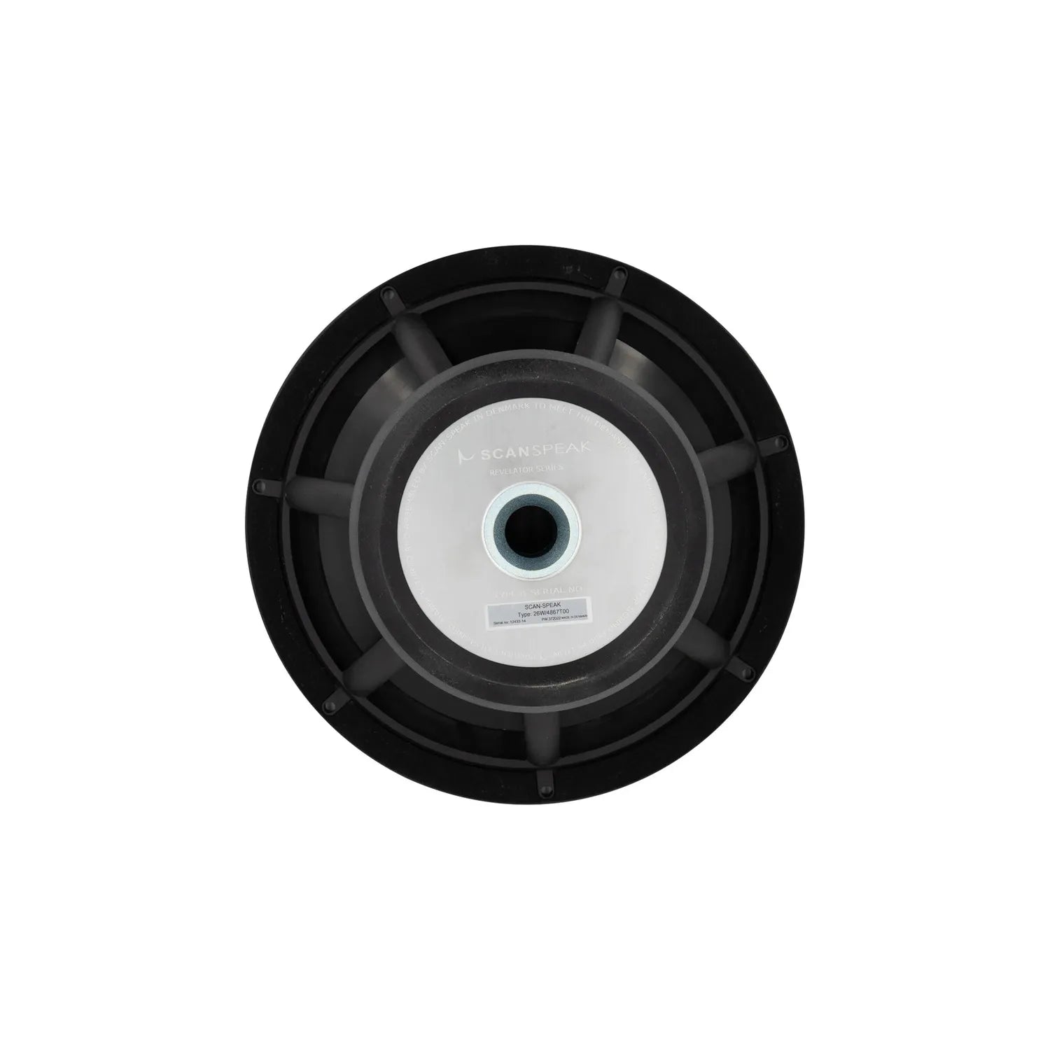 Een zwarte, ronde Scanspeak Revelator 26W/4867T00 subwooferelement, gezien vanaf de achterkant, met een 10-inch aluminium membraan, het ScanSpeak-logo en een metalen onderdeel in het midden met opschrift.