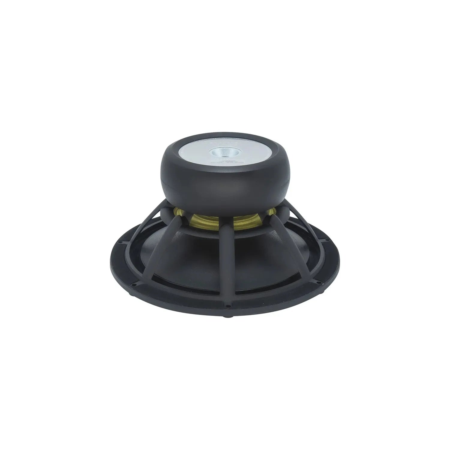 Een Scanspeak Revelator 26W/4867T00-subwoofer met een 10-inch aluminium conus wordt van achteren en van opzij getoond, waarbij het metalen frame en de steunen op een witte achtergrond te zien zijn.