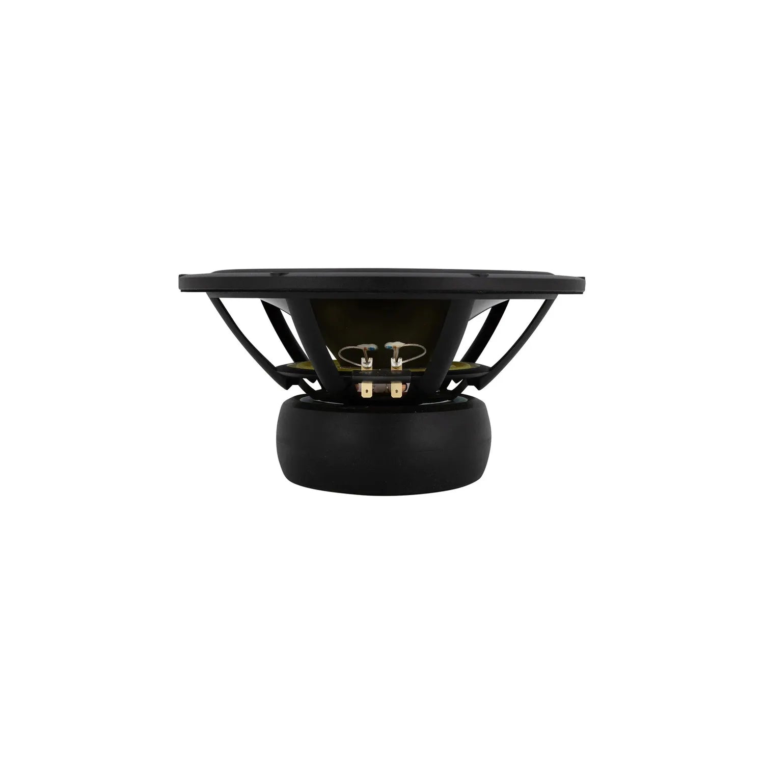 De Scanspeak Revelator 26W/4867T00, een zwarte 10-inch subwoofer met een aluminium conus, is hier vanaf de zijkant te zien – perfect voor elk high-end audiosysteem.