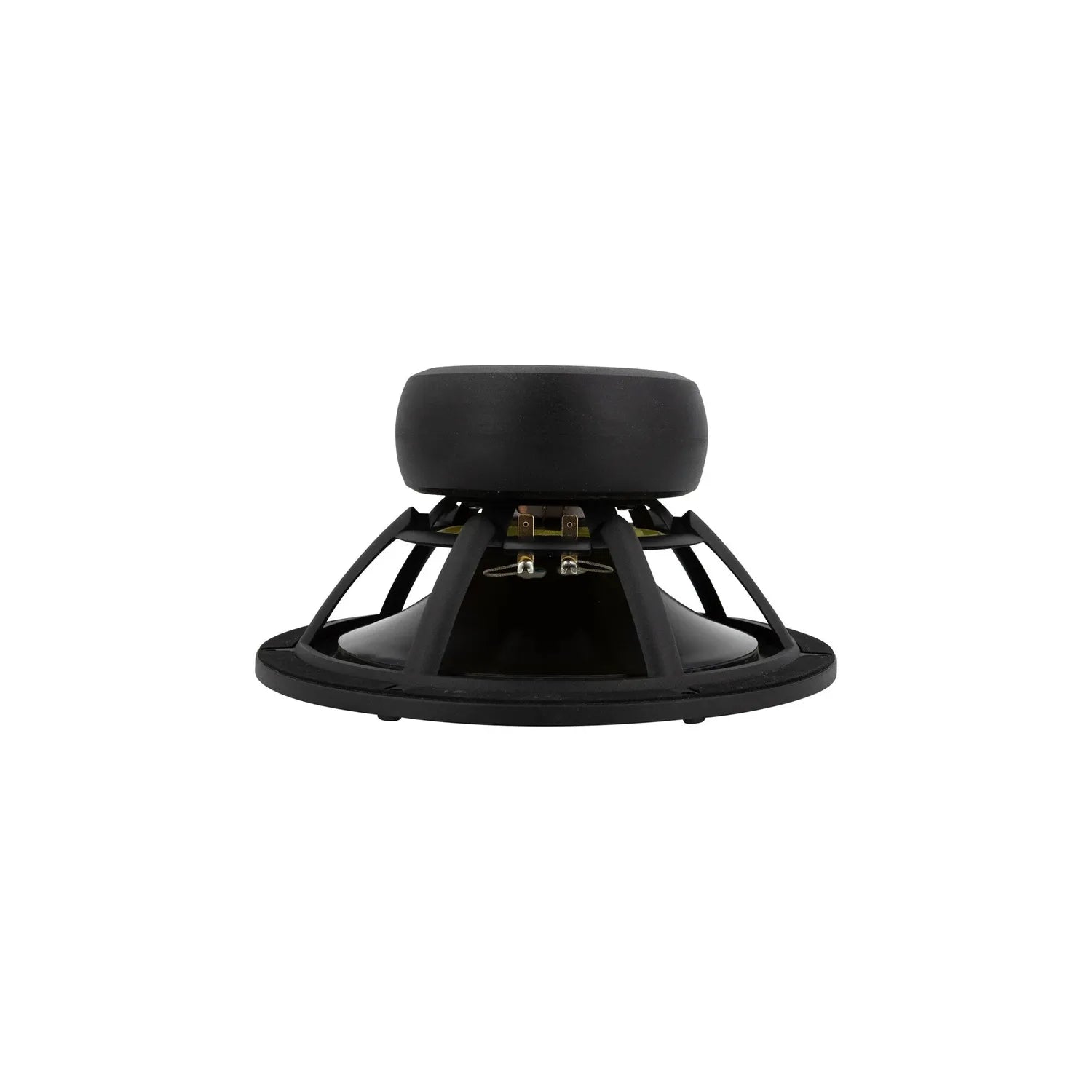 Een Scanspeak Revelator 26W/4867T00-subwoofer met een 10-inch aluminium conus wordt van achteren afgebeeld, waarbij het frame, de magneet en de aansluitingen op een witte achtergrond goed te zien zijn.