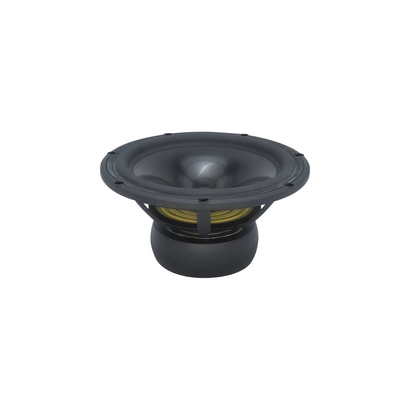 De Scanspeak Revelator 26W/4867T00 is een 10-inch zwarte subwoofer met een aluminium conus en zichtbare gele ophanging, ideaal voor hoogwaardige audiosystemen tegen een witte achtergrond.