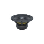 De Scanspeak Revelator 26W/4867T00 is een 10-inch zwarte subwoofer met een aluminium conus en zichtbare gele ophanging, ideaal voor hoogwaardige audiosystemen tegen een witte achtergrond.