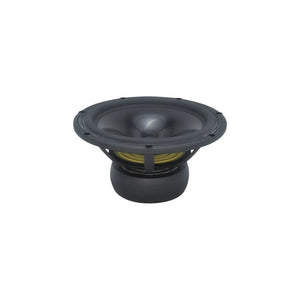 De Scanspeak Revelator 26W/4867T00 is een 10-inch zwarte subwoofer met een aluminium conus en zichtbare gele ophanging, ideaal voor hoogwaardige audiosystemen tegen een witte achtergrond.