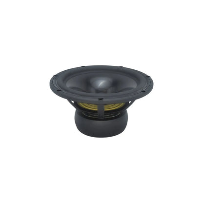 De Scanspeak Revelator 26W/4867T00 is een 10-inch zwarte subwoofer met een aluminium conus en zichtbare gele ophanging, ideaal voor hoogwaardige audiosystemen tegen een witte achtergrond.