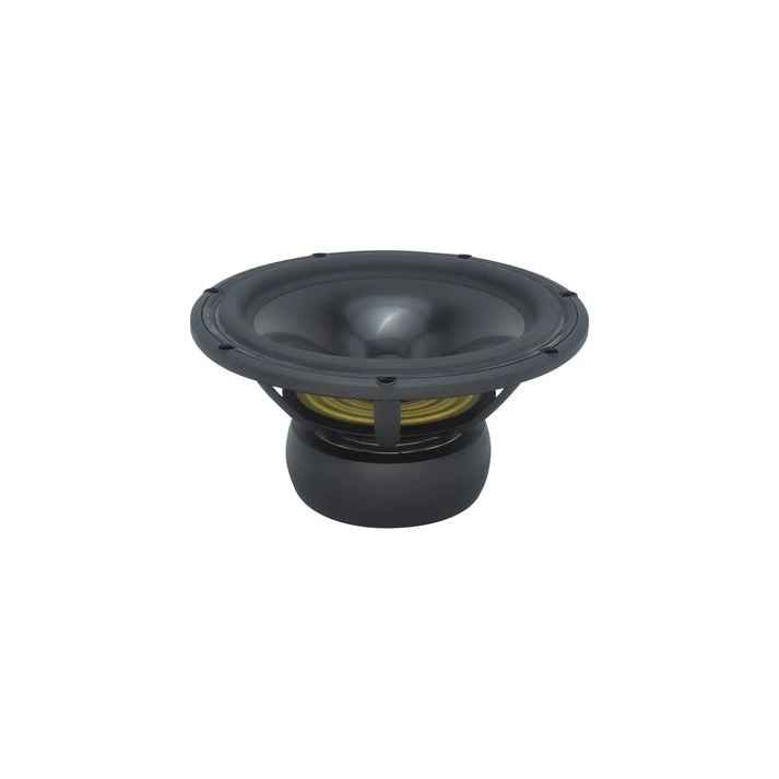 De Scanspeak Revelator 26W/4867T00 is een 10-inch zwarte subwoofer met een aluminium conus en zichtbare gele ophanging, ideaal voor hoogwaardige audiosystemen tegen een witte achtergrond.
