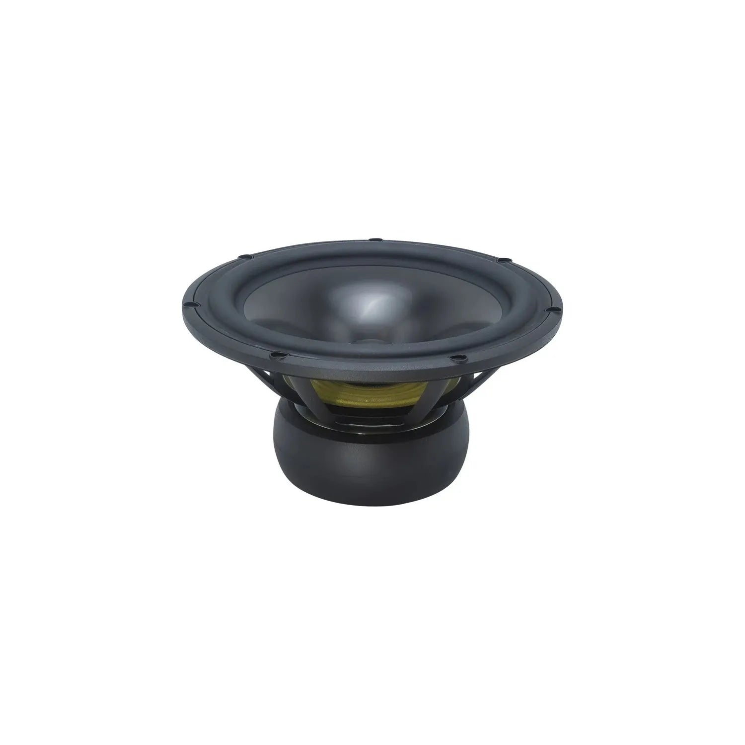 Le Scanspeak Revelator 26W/8867T00 est un caisson de basses noir de 10 pouces doté dun cône en aluminium et dune suspension jaune apparente, présenté sur fond blanc.